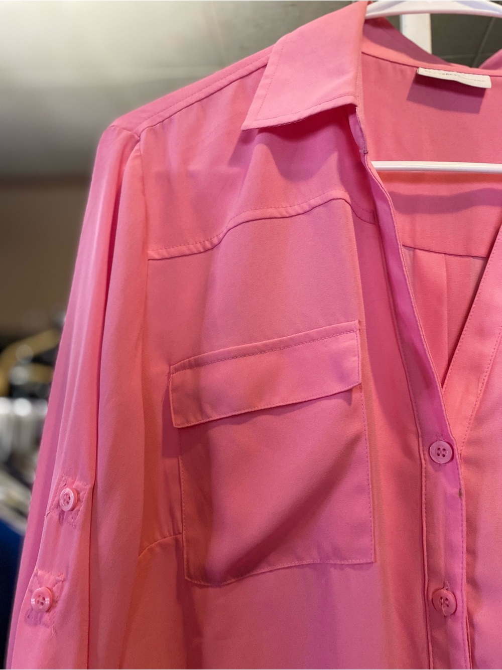 New York & Company Pink Button-Front Tie-Hem Blouse - Picture 2 of 4
